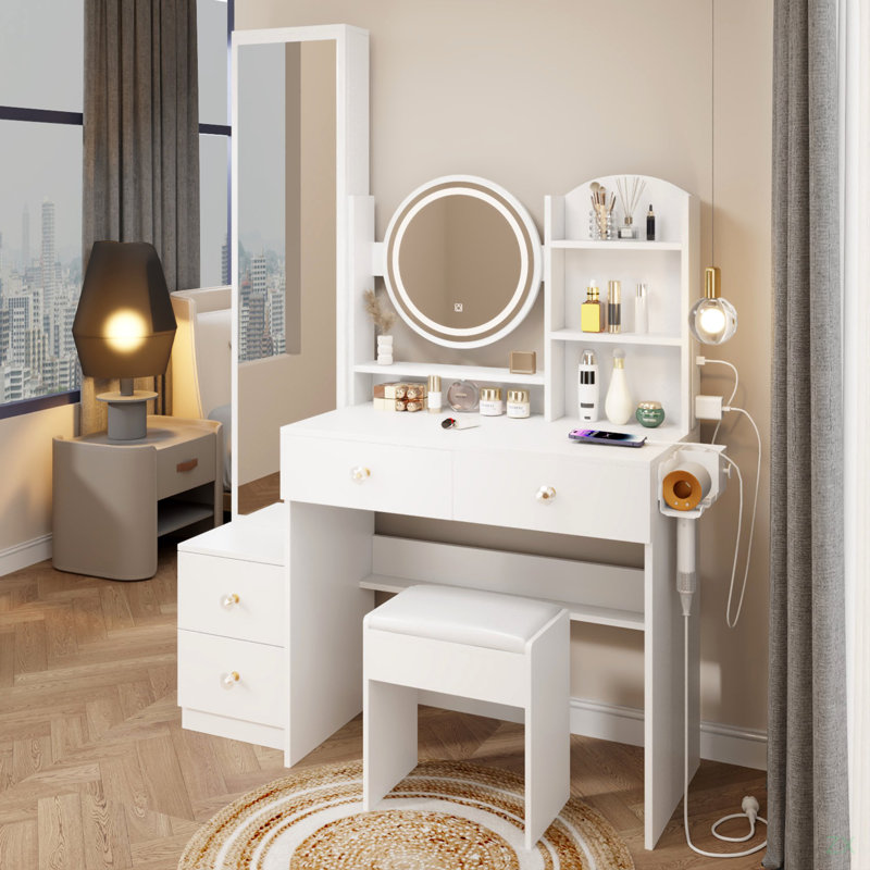 Armoire à miroir pleine grandeur + coiffeuse à miroir rond à DEL + tabouret rembourré, Blanc