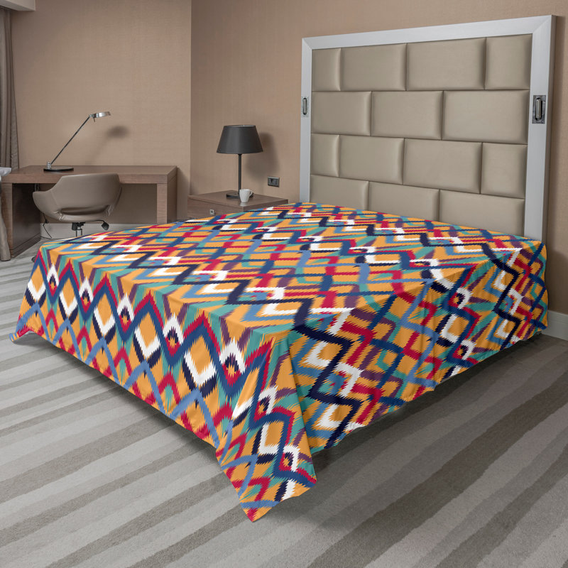 Ambesonne Top Flat Sheet Curving Art, Full Flat Sheet, Red Blue Orange Ikat