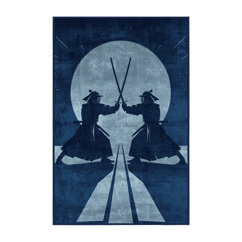 Machine Washable Auburndale Kendo Duel Modern Rug in Blue – Navy Binding, 3x5