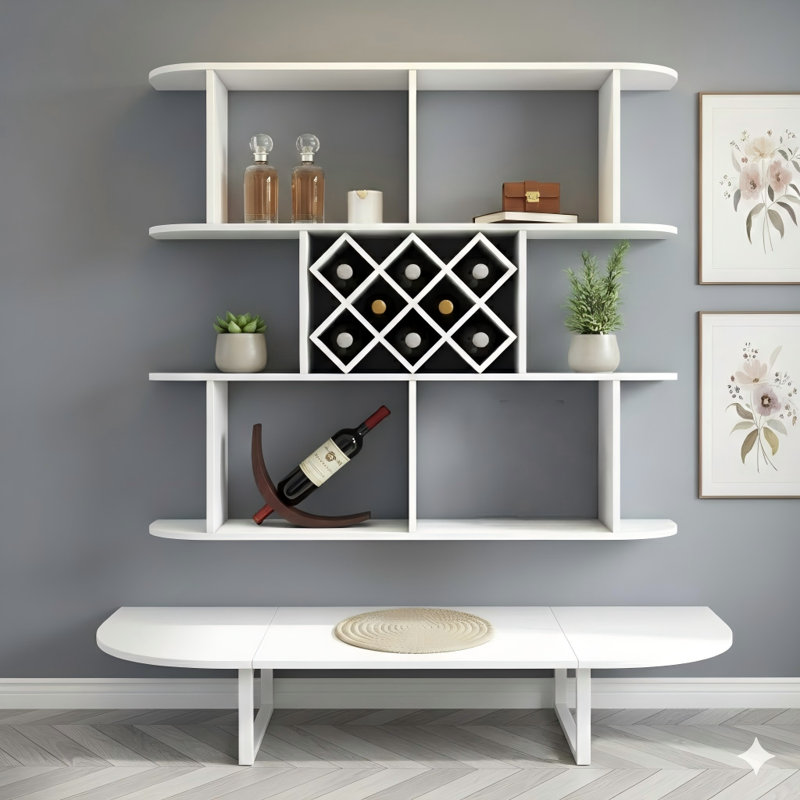 Étagère murale à trois niveaux de taille généreuse dans un style rustique, fabriquée en bois. Ce support multifonctionnel offre du rangement pour les bouteilles de vin et comprend des supports intégrés pour les verres à vin. Conçu pour être fixé au mur, il sert de décoration