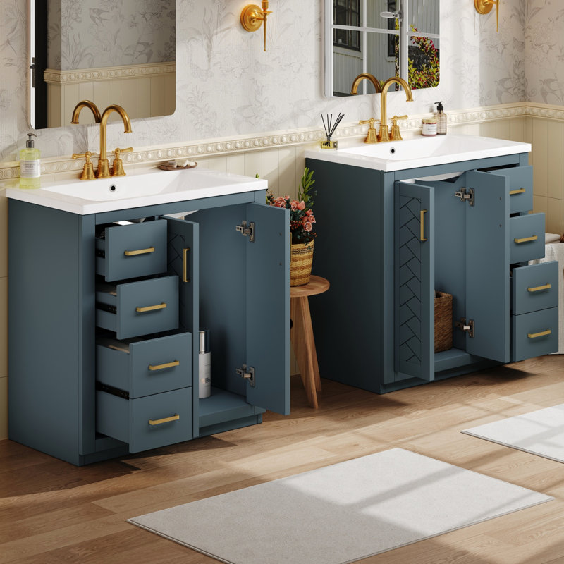 Meuble-lavabo de 60 po avec lavabo en céramique, structure en bois massif, tiroirs spacieux, rangement dissimulé, portes à fermeture douce pour armoire et panneaux décoratifs de 30 po, poignées exquises, assemblage facile