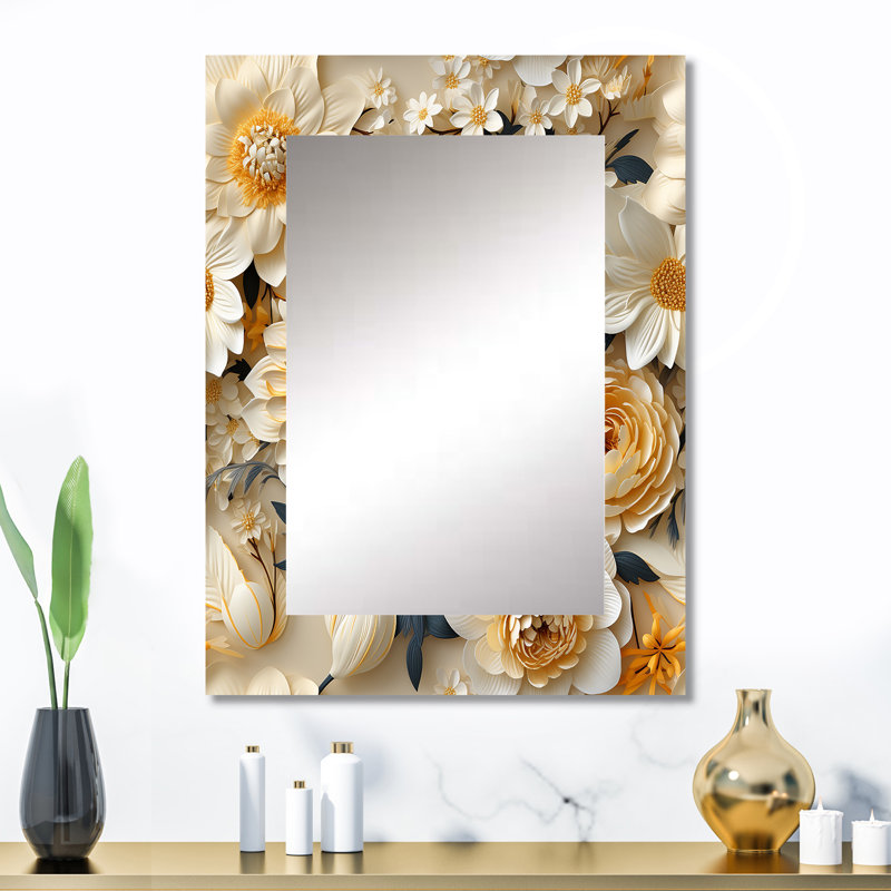 Assar crème délicate dentelle fleur botanique - grand miroir mural floral, miroir décoratif floral, impression d'art en métal
