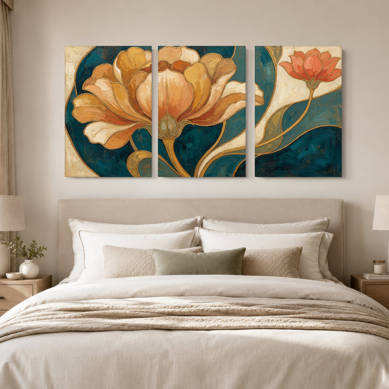 Grande fleur orange avec motif sarcelle et doré, ensemble de 3 toiles, H 24 po x l 16 po x 3 pièces