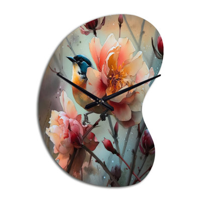Kachazor Blue Little Bird On Rose Tree Banch II - Floral Bird Unique Shape Metal Clock, Modern Asymmetrical Wall Clock Print