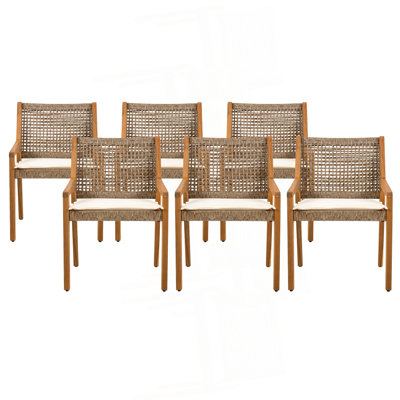 ENSEMBLE DE CHAISE DE SALLE À MANGER EXTÉRIEURE-Bois d'acacia et osier avec coussin de patio crème-Mobilier de patio en teck brun Wicke, convient aux grands rassemblements-lot de 6 (3 boîtes)