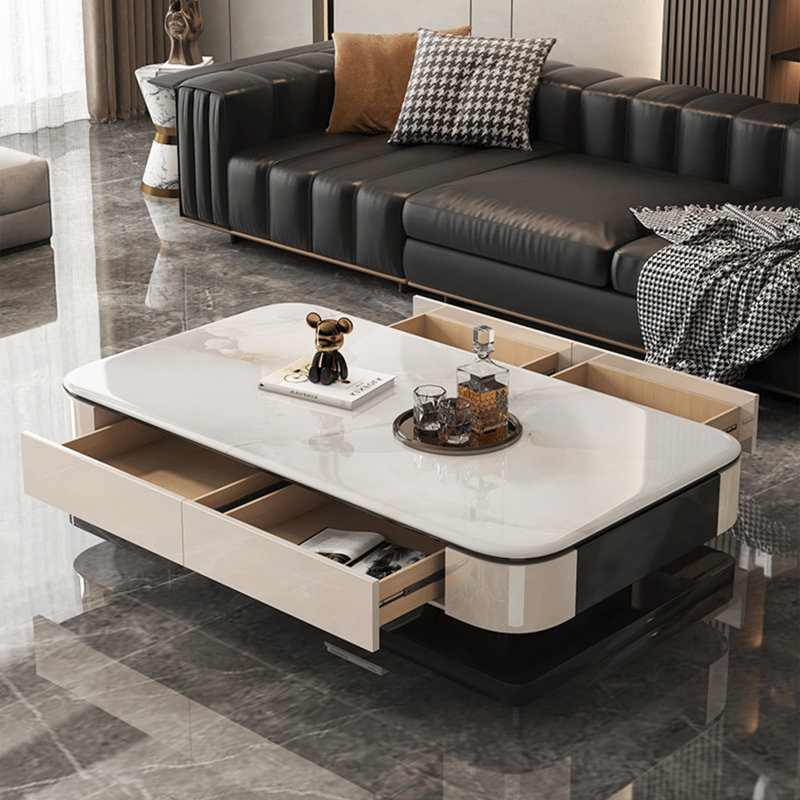 Table basse italienne en pierre micro-cristalline, 16.5" H x 51.2" W x 27.6" D, White / Black