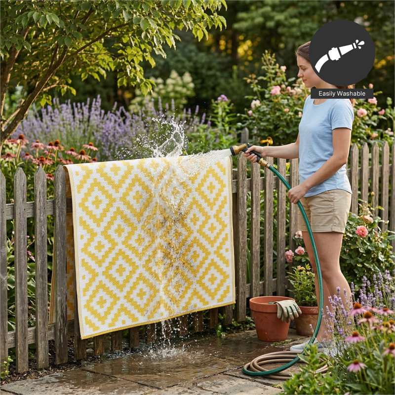 Izna Outdoor Rug Recycled Plastic Straw Waterproof Patio, Rectangle 6' x 9',  Aztec - Yellow/White