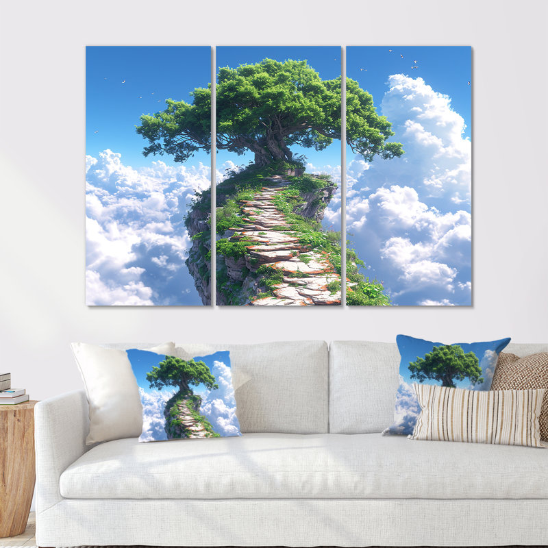 Chemin vers un arbre dans les nuages - ensemble d'art mural chêne, Toile tendue, H 32 po x l 48 po x P 1 po