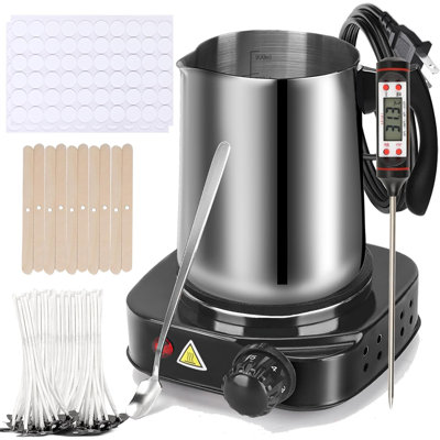 Ensemble de fabrication de bougies, fondoir à cire pour fournitures de fabrication de bougies, chauffe-cire à bougie pour adultes, débutants, y compris cuisinière électrique de 500 W, marmite de coulée de 900 ml, thermomètre, cuillère, mèche à bougie