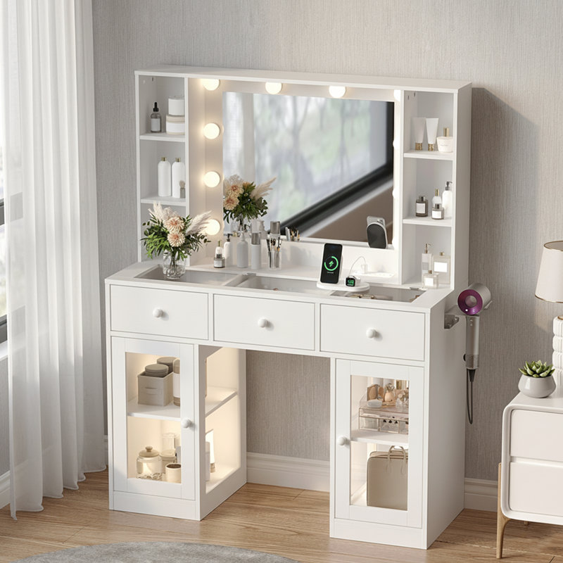 Modern Dressing Table with Glass Top - 3 Drawers, 2-Tier Shelves, Glass Doors & Hair Dryer Holder, White