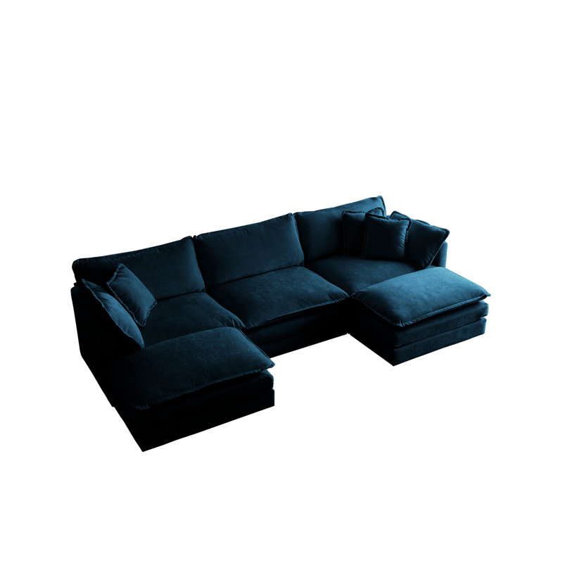 Canapé modulaire en U en chenille bleue, 5 avec repose-pieds réversible et 2 repose-pieds, structure en bois massif pour salon modulaire en chenille, personnalisable