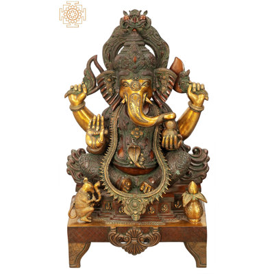 Grande statue en laiton de 34 po Ekadanta Lord Ganesha - chef-d'œuvre indien fait à la main pour la décoration intérieure, le temple ou le jardin