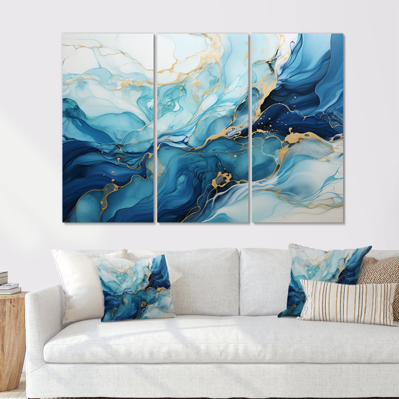 Liquide bleu et or tempête océanique - formes abstraites, ensemble d'art mural, Toile tendue, H 40 po x l 60 po x P 1 po