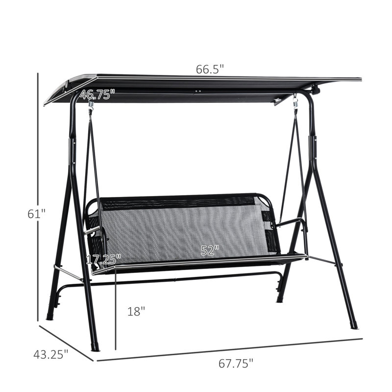 Outdoor Porch Swing Chair With Canopy For 2 - Tiltable Roof, Breathable Fabric, Steel Frame, Black, Garden Two Seat, Adjustable Tilt Function, Stable Construction,