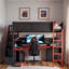 Lit mezzanine en bois d'inspiration Esports avec escalier de rangement, bureau, tablettes et panneau perforé-426557353-426557359