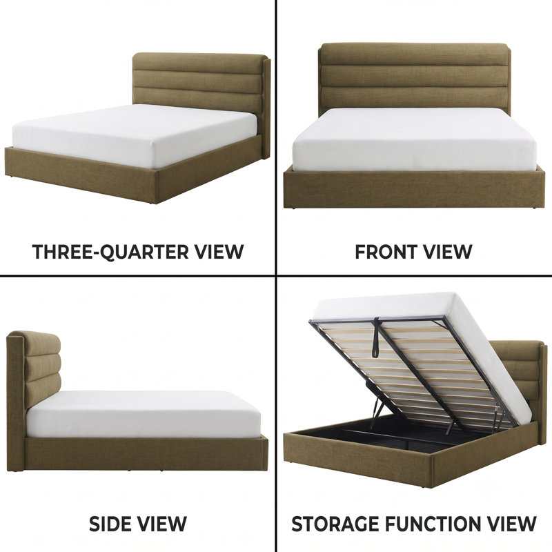Upholstered Lift-Up Storage Platform Bed, King, Olive Green
