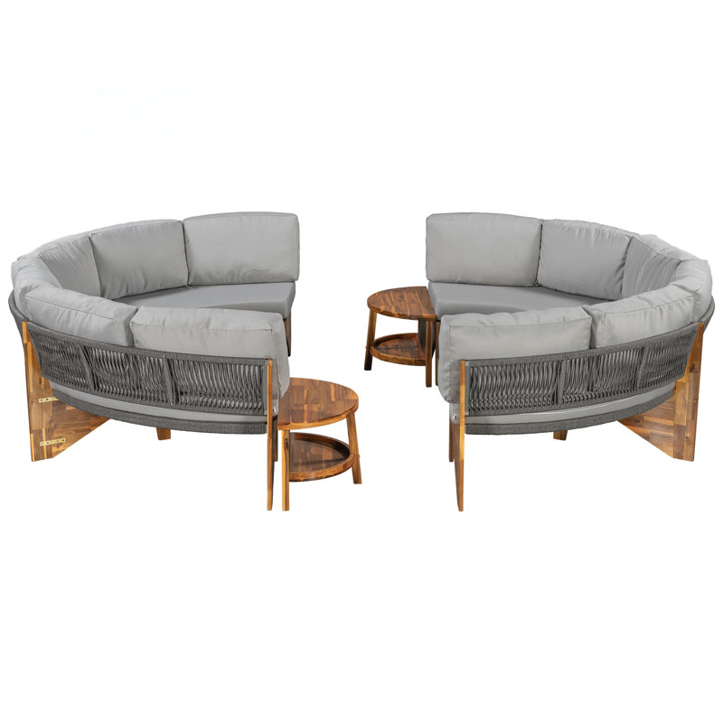 3-Piece Outdoor Sofa Set For 6, 2 Semi-Circle Sofas + Acacia Wood Coffee Table, Weather-Resistant Patio Couch Set, Comfortable Garden & Backyard Furniture