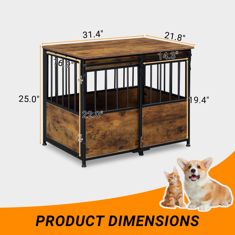 31.4” Dual-Function Pet Crate End Table – Wooden & Metal Pet House with Storage Top