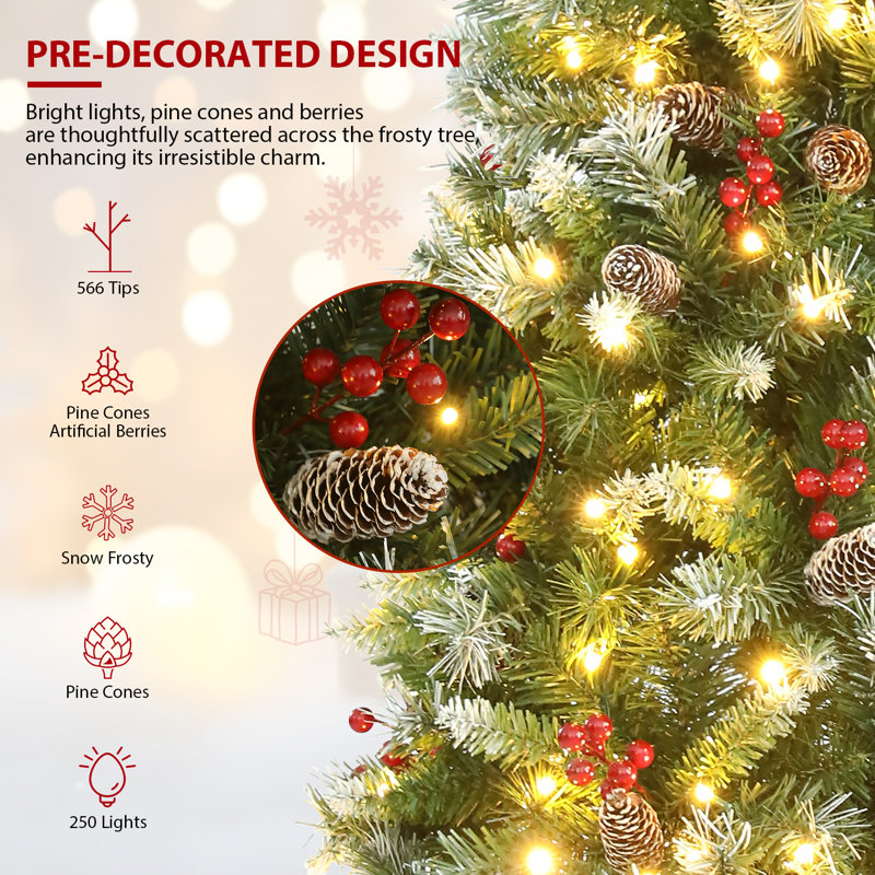 Arbre de Noël 6 pi avec lumières à DEL multicolores et blanc chaud, arbres de Noël minces faciles à installer avec pommes de pin
