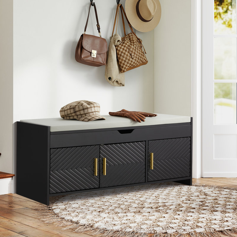 Upholstered 43.7" Wooden Entryway Storage Bench With Cushioned Seat & Hidden Compartments, Flip Top Shoe Cabinet Bench
