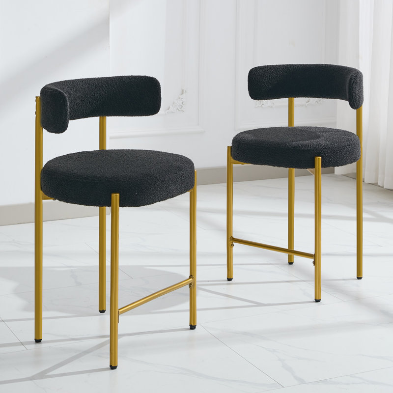Luxurious Black Bouclé Upholstered Gold Metal Counter Stools, Set of 2