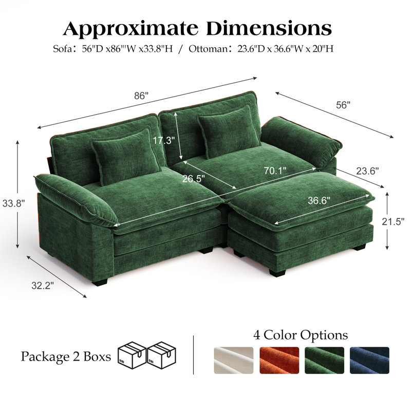 Canapé modulaire en forme de U l 86 po Brazell, canapé nuage avec repose-pieds et coussins amovibles - vert, Coton vert