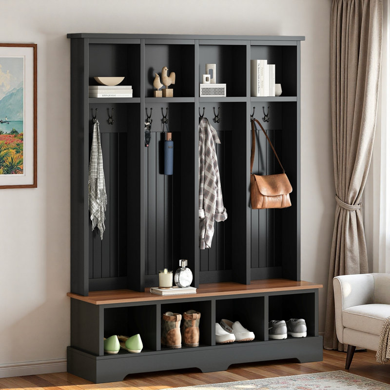 Arbre d'entrée de style campagnard avec 8 crochets, banc et compartiments ouverts, Noir
