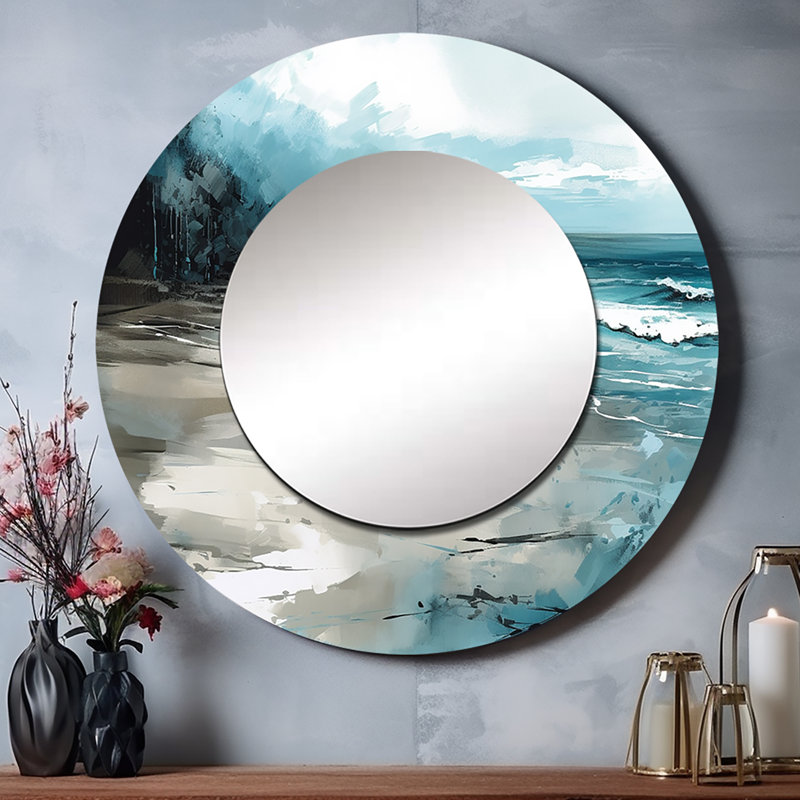 Quirico Coastal Waves IV - grand miroir mural de plage, miroir rond gris unique, reproduction d'art en métal, 36 po x 36 po