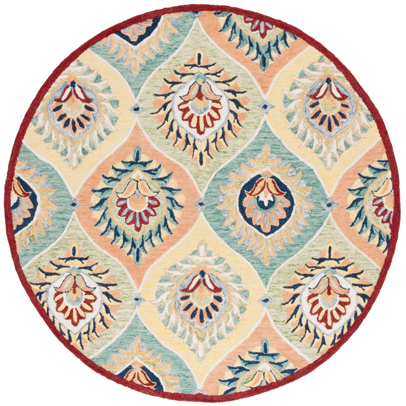 Marrie Tufted Wool Cotton With Latex Damask Rug in Rust/Green, Round 6'
