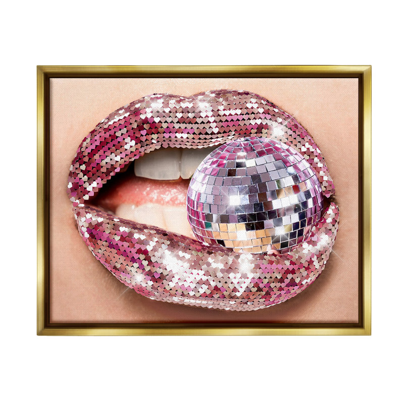 «Sparkle Lips & Disco Ball Floater Frame» par Ziwei Li sur, Cadre flottant métallique doré, H 25 po x l 31 po