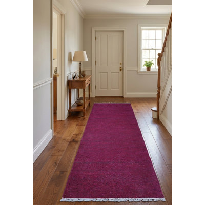 Tapis de couloir rose en coton et polyester tissé à la main