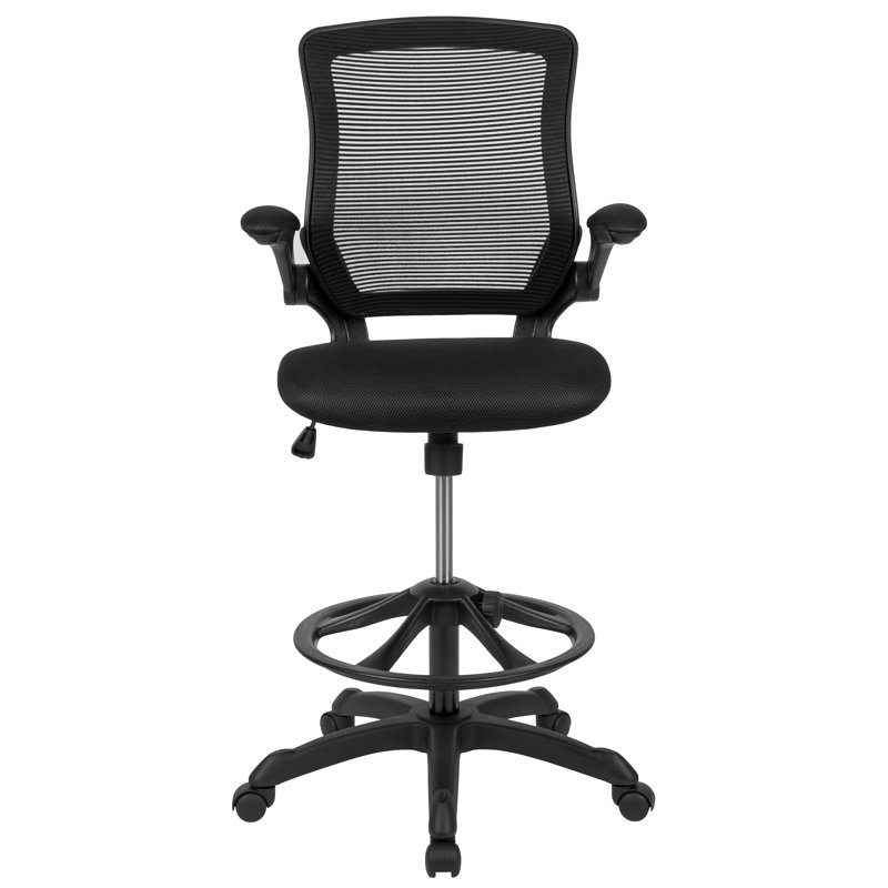 Mid-Back Mesh Ergonomic Drafting Chair with Adjustable Foot Ring and Flip-Up Arms, Black