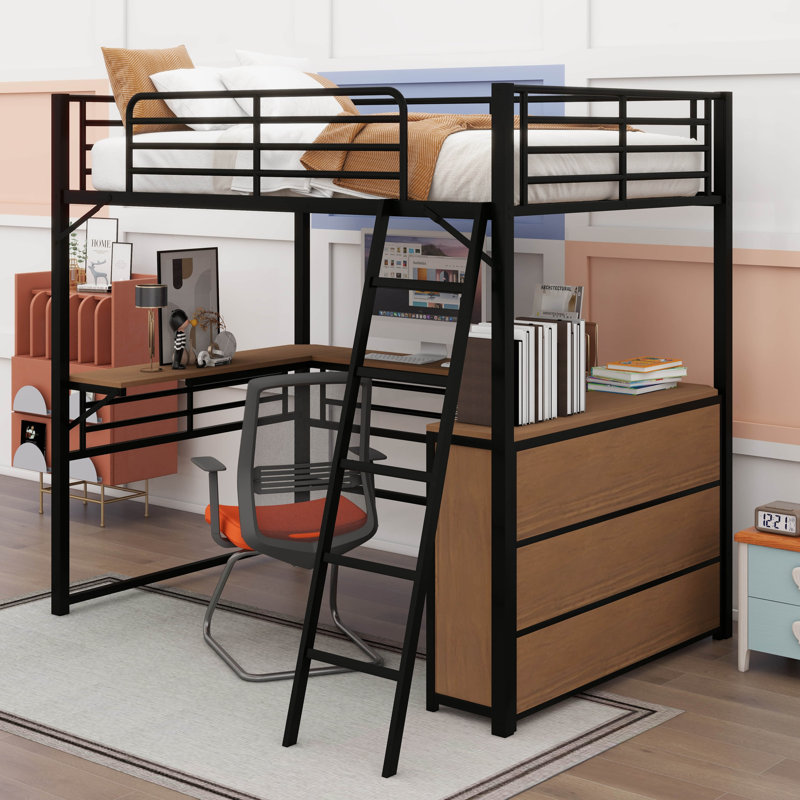 A Full-Sized Metal Loft Bed Featuring Three-Tier Shelving And An L-Shaped Desk, Black