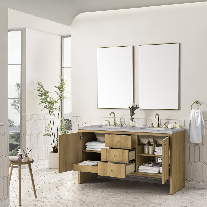 Hudson 60'' Double Bathroom Vanity with Top, Charcoal Soapstone, 8" Widespread, Light Natural Oak