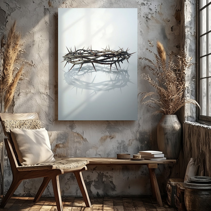 Toile d'une composition minimaliste avec une couronne délicate d'épines, art mural complexe tissé avec des bords pointus pointus reposant sur une toile