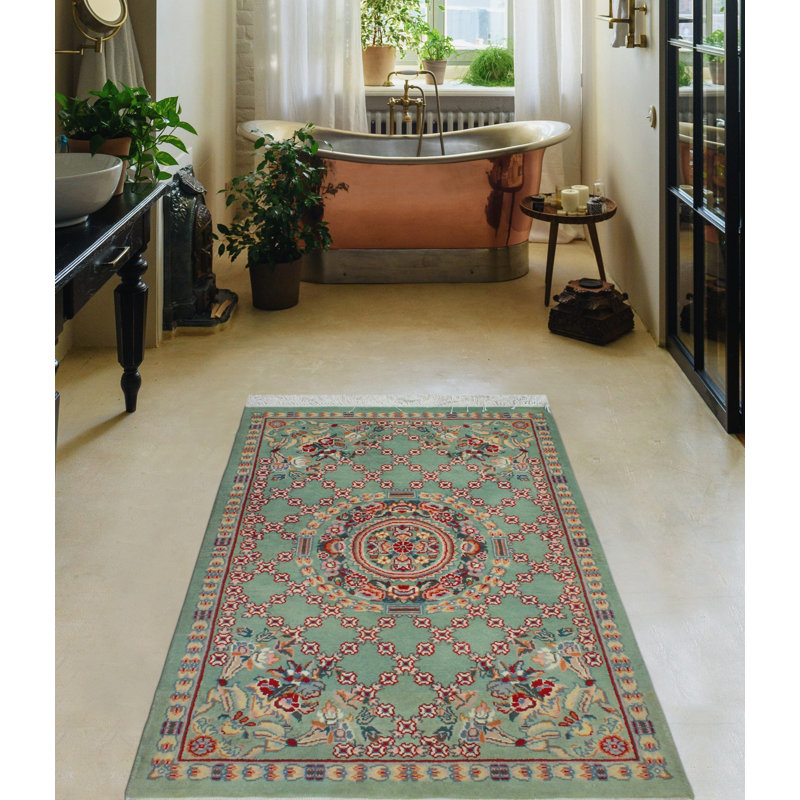 Tapis de cour fait à la main pak-persan - vert - rouge, 2 pi 1 po x 3 pi 2 po