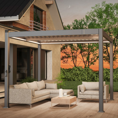 Pergola à persiennes d'extérieur avec DEL, cadre entièrement en aluminium avec persiennes réglables imperméables et système de drainage caché pour patio, jardin
