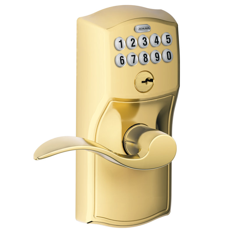 Accent Keypad Lever with Camelot Trim, Polished Brass, Yes, Reversible