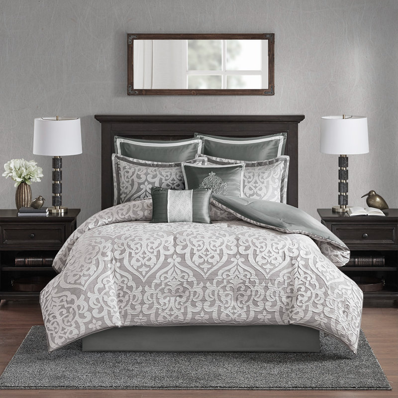 Ensemble d'édredon en jacquard de luxe 8 pièces Odette, Édredon très grand californien et 7 pièces supp, Argent
