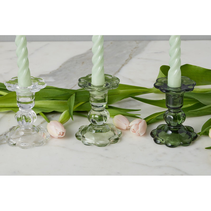 Glass Scalloped Candlesticks, Clear/Sage/Spruce