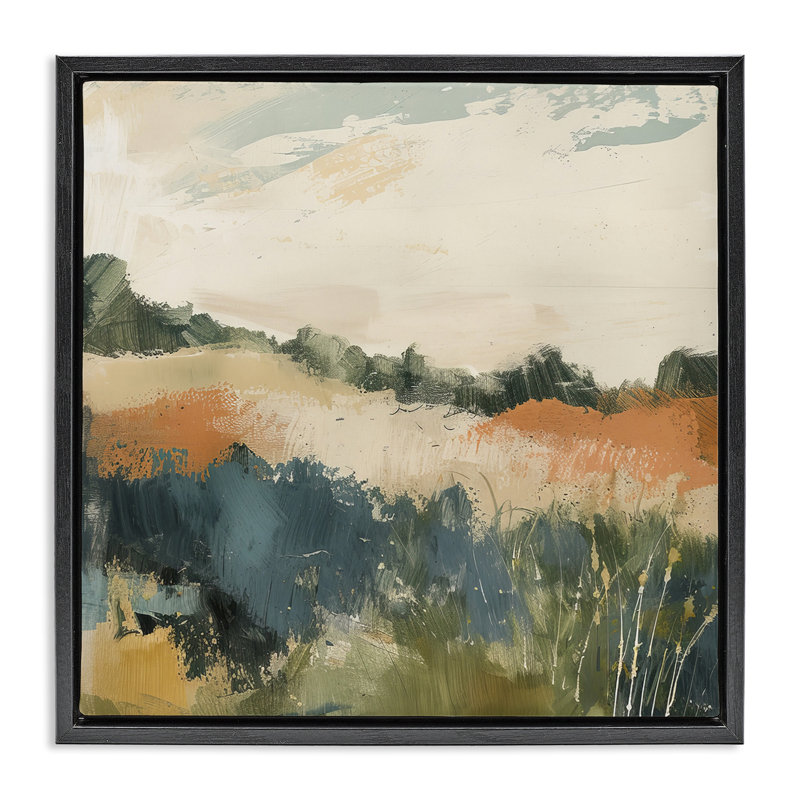 Abstrait paysage neutre encadré sur toile flottante par Irena Orlov, Cadre flottant noir de jais, H 25 po x l 25 po