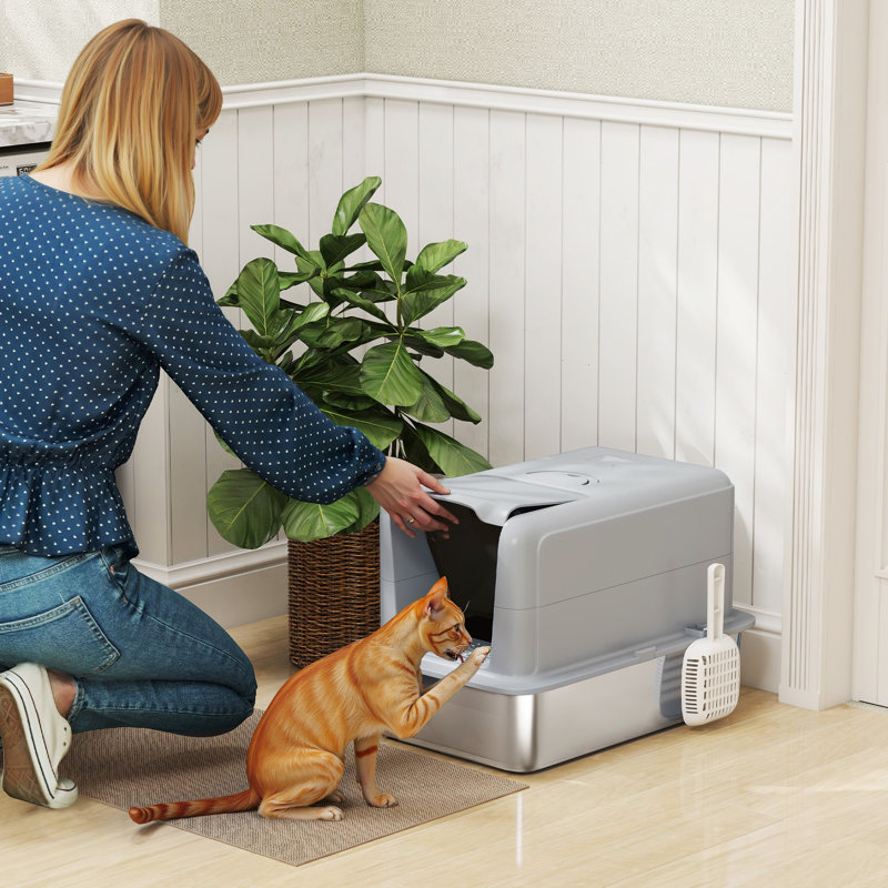 Stainless Steel Cat Litter Box with Removable Lid Scoop, Grey