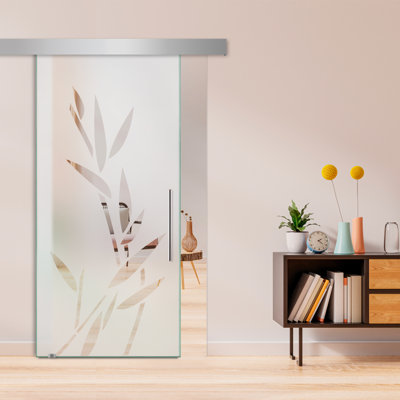 Frameless Glass Sliding Barn Door with Modern Frosted Motive + Hardware Kit (Semi-Private)