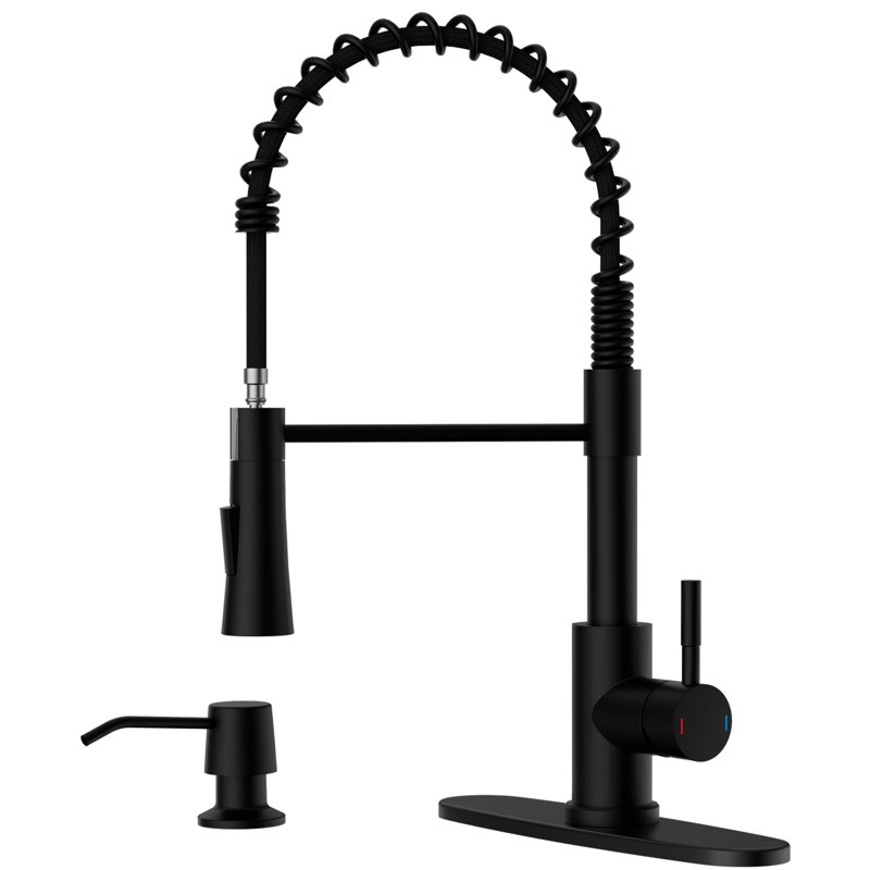 Stainless Steel Single Handle Pull Down Kitchen Faucet With Soap Dispensor, Matte Black