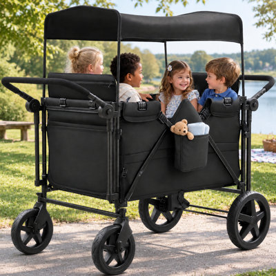 Poussette pliable 4 places pour 4 enfants, poussette quad avec 4 sièges haut, harnais de sécurité à 5 points, auvent réglable et barre de poussée double, pour le camping et le jardin, noir