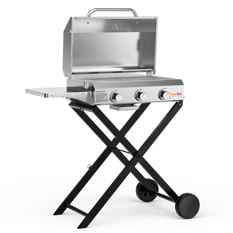 BBQ Gas Grill 3-Burner with Foldable Cart & Side Table, Portable Propane Grill with Lid for Outdoor Patio Backyard Barbecue Camping