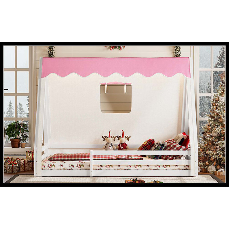 Lit simple au sol avec tente et lit de camp en bois massif avec garde-corps pleine longueur, design Montessori et enfantin, blanc et rose
