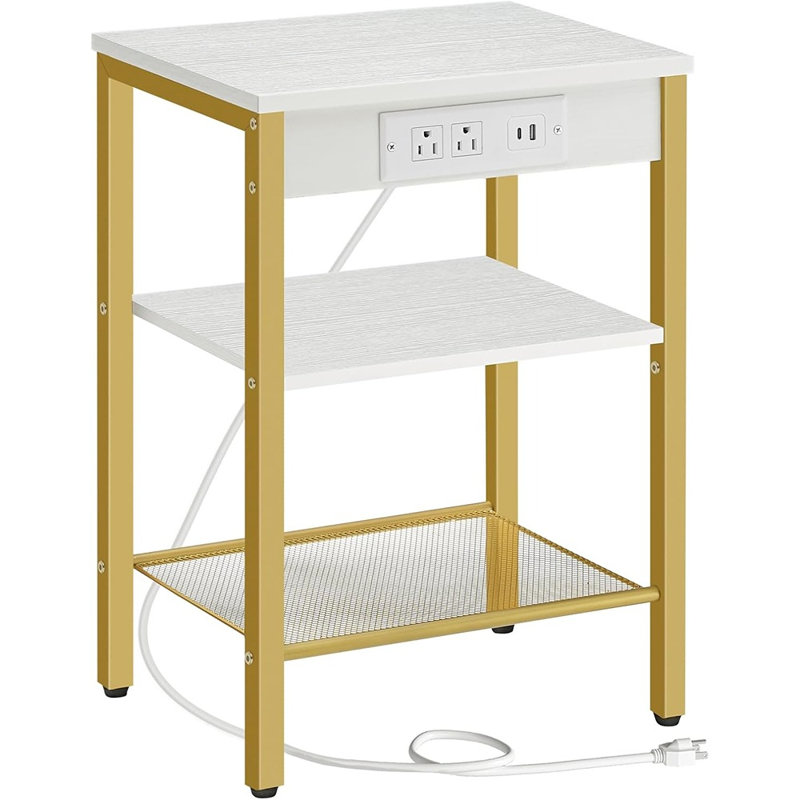 Table d'appoint avec station de charge et port USB, table de chevet à 3 niveaux avec tablette réglable pour le salon, la chambre à coucher et les petits espaces, finition blanche et dorée