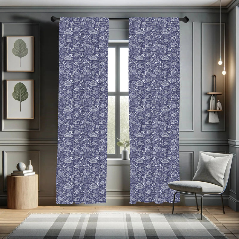 Navy Blue and White Under the Sea Polyester Curtain Panels