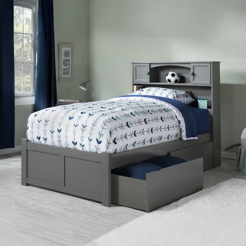 Lit plateforme en bois massif avec bibliothèque et tiroir de rangement Bouldin, Simple TG, Gris